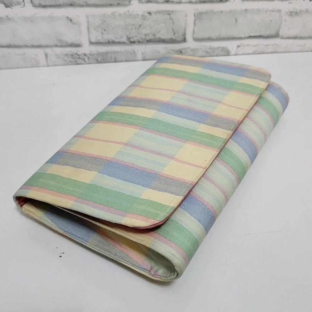Vintage 80s Margaret‎ Smith Maine Pastel Stripe Canvas Clutch Handbag Fold Over
